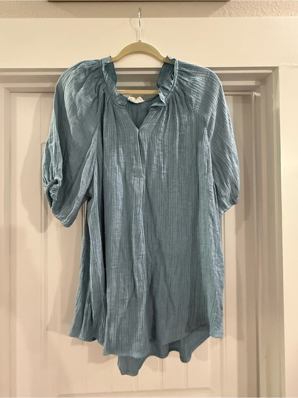 Light Blue Ruffled Collar Tunic Top